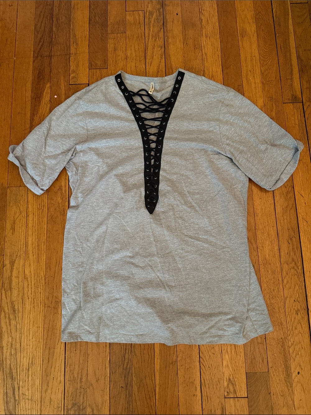 Women’s Gray Short-Sleeve Shirt with Black Lace-Up V-Neck